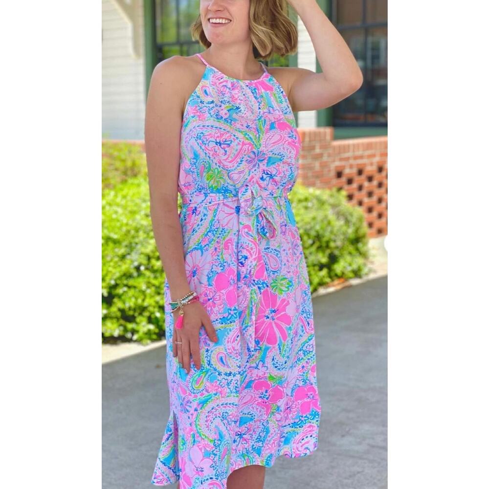 Lilly Pulitzer Mabry Midi Dress Womens S Pink Floral Halter Resort Vacay Coastal
